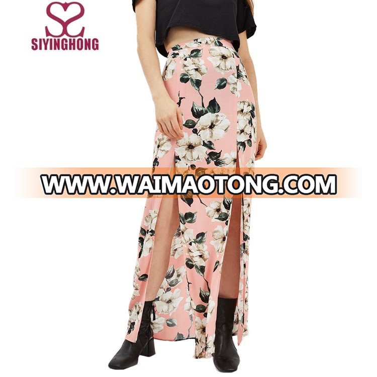 Hot selling floral print slit women summer skirt